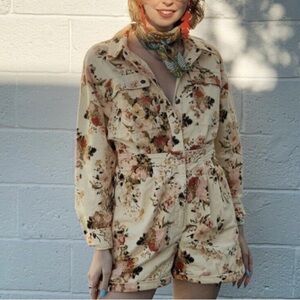 Free People Floral Corduroy tapestry one piece romper shorts